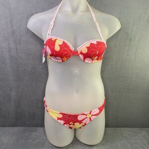 Cia.Maritima  2-pc Bikini Size M Red Pink Floral Patchwork Structured Brazilian